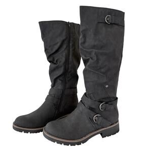 Sun Stone Gray Ruched Buckle Brinley Round Toe Block Heel Riding Boots 7.5 NEW